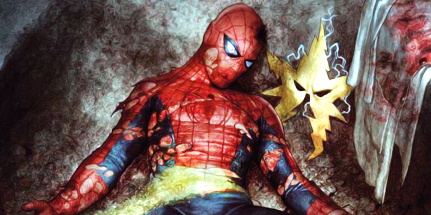 Spider-Man lying defeated near Electro's mask