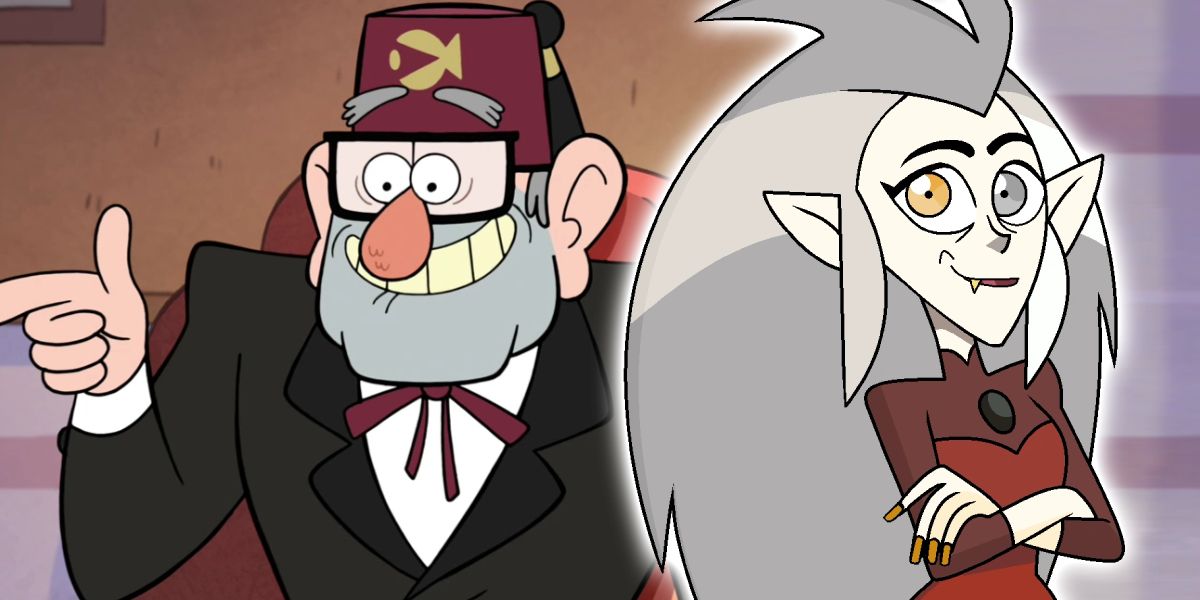 Gravity Falls' Stan points with his index finger and Owl House's Eda crosses her arms