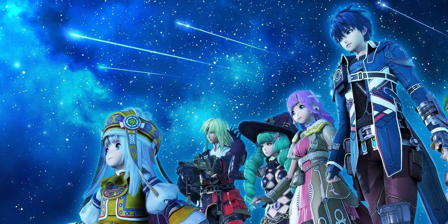 Characters from Star Ocean Integrity and Faithlessness standing together at night with shooting stars above