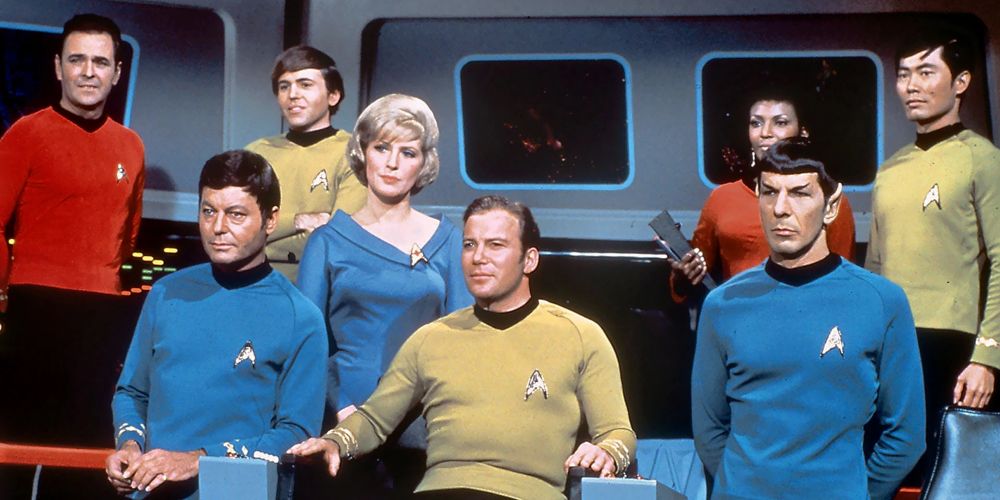 The bridge crew of Starship Enterprise in Star Trek: The Original Series