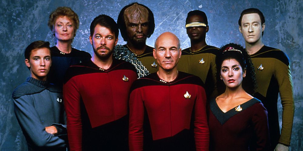 The main characters of Star Trek: The Next Generation including Picard, Riker, Worf, Geordi la Forge, and Beverly Crusher