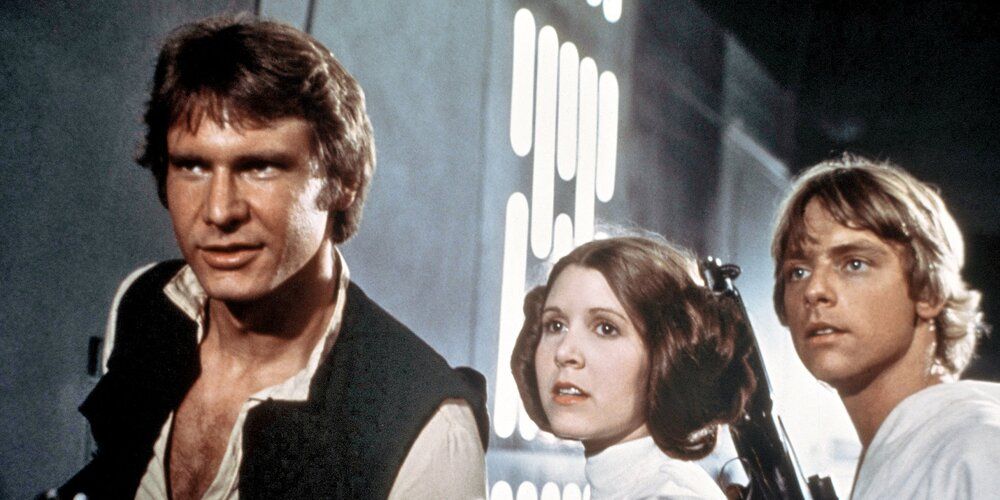 Han Solo, Princess Leia Organa, and Luke Skywalker aboard the Death Star in Star Wars: A New Hope