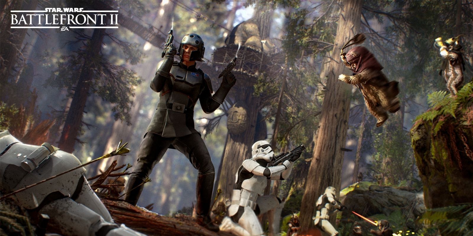 Soldiers of the Empire fighting back against Ewoks in Star Wars: Battlefront II