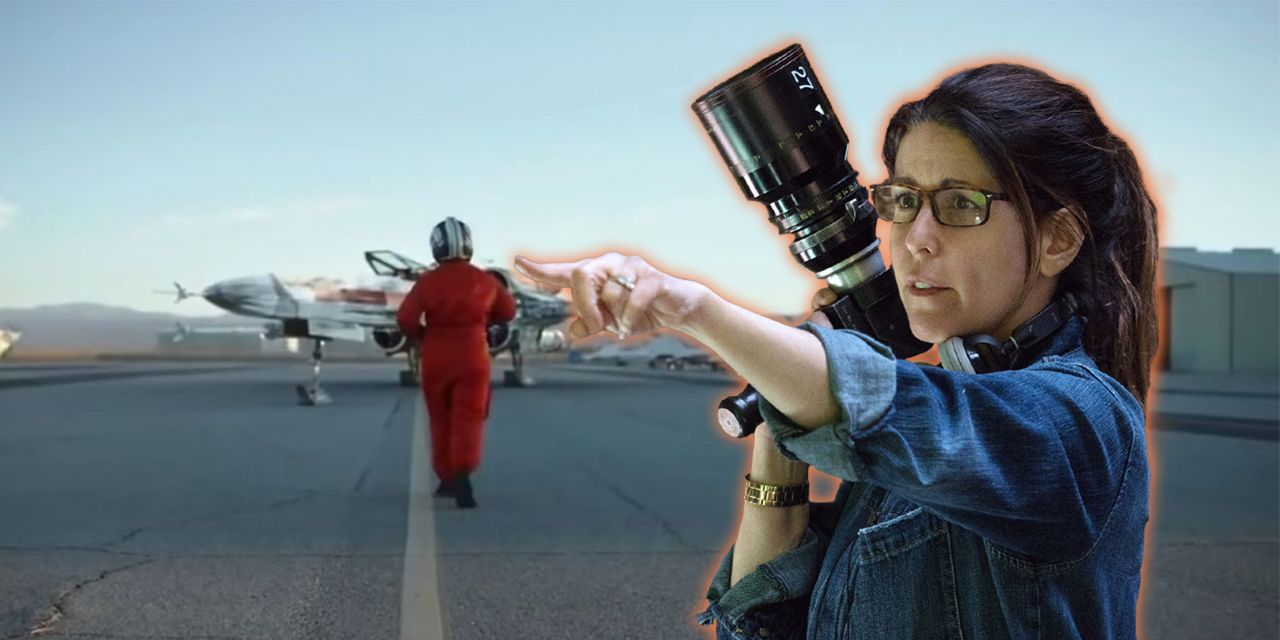 Patty Jenkins with camera pointing with shot of her in Star Wars Rogue Squadron teaser in the background walking to X-Wing in pilot suit