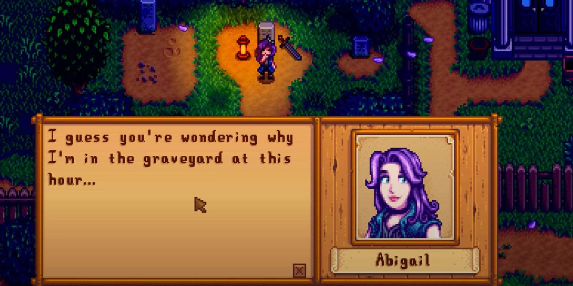 Abigail no cemitério de Pelican Town em Stardew Valley.