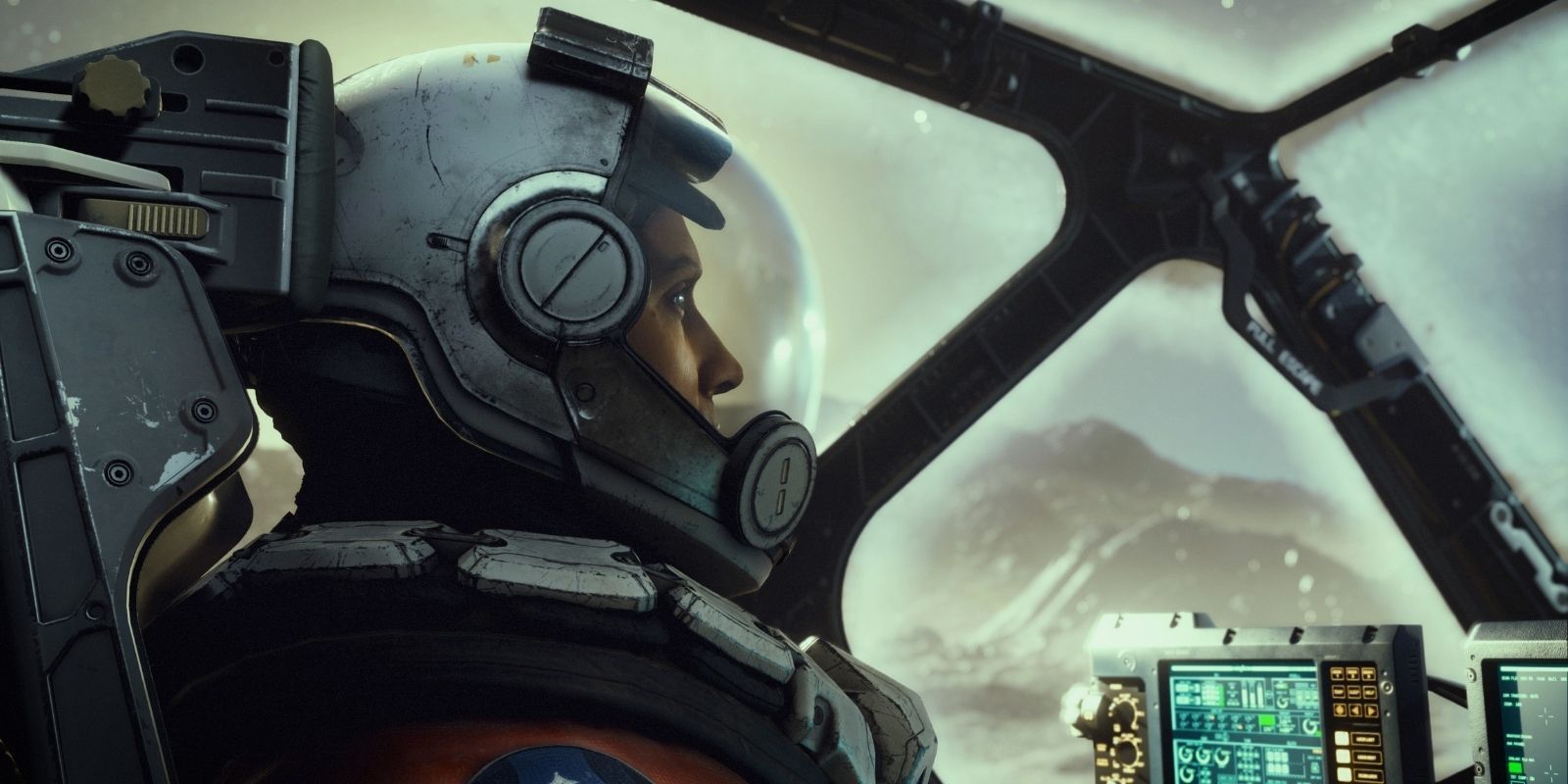 An astronaut sitting in the cockpit of a spaceship in Starfield