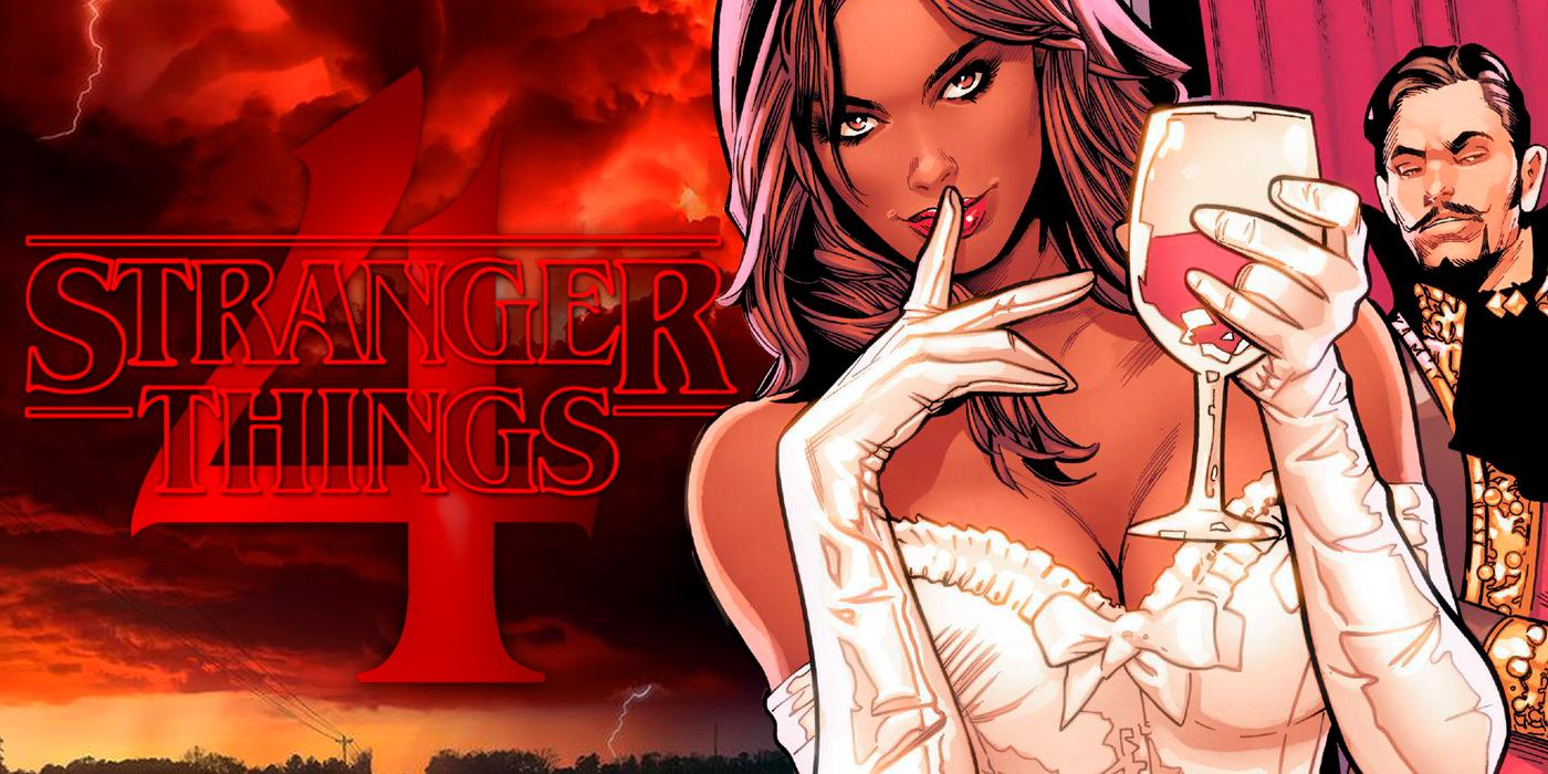Stranger Things Season 4 logo accompanied by X-Men from the Hellfire Club.