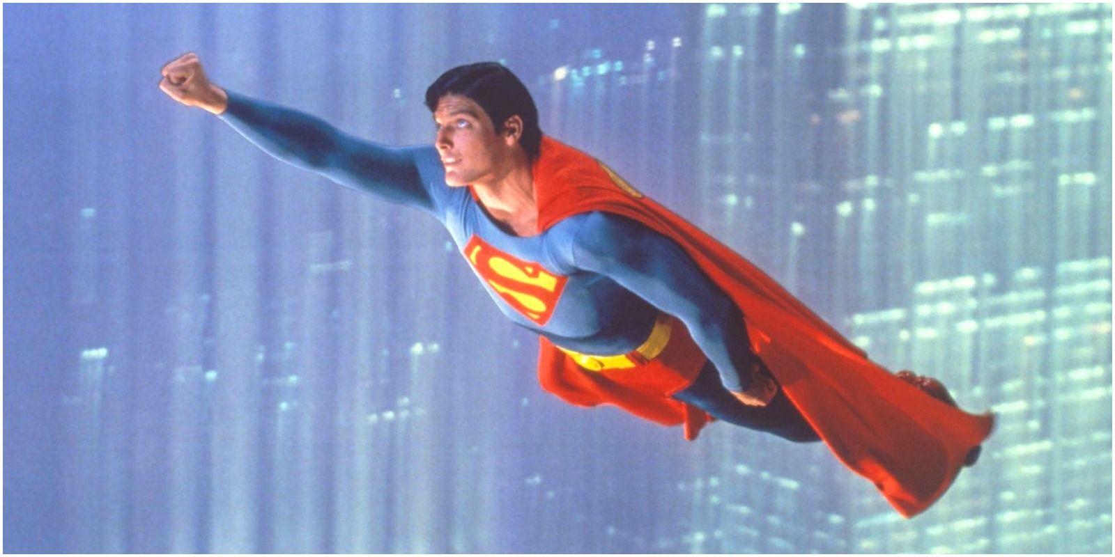 Christopher Reeve as Superman flying in his Fortress of Solitude from the first film