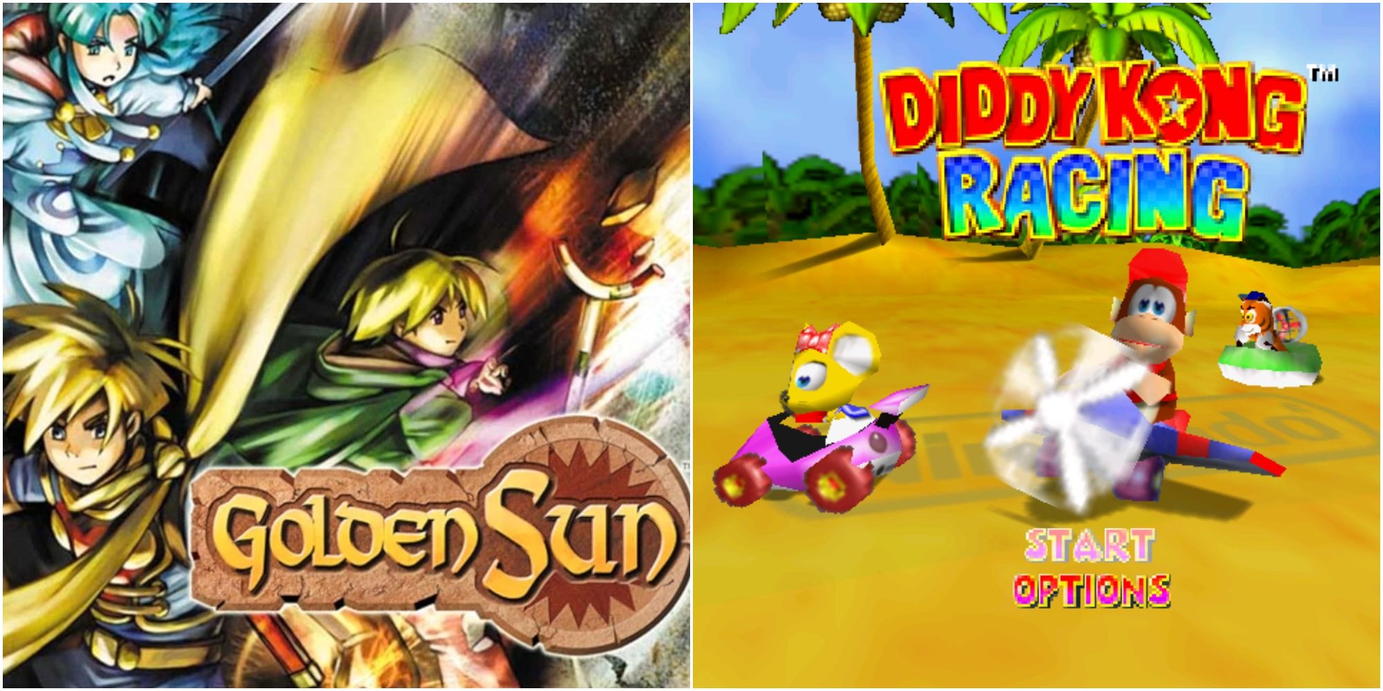 Switch Missing Retro Games Feature Image Split Golden Sun Cover On One Side & Diddy Kong Racing Title Screen On Other Side
