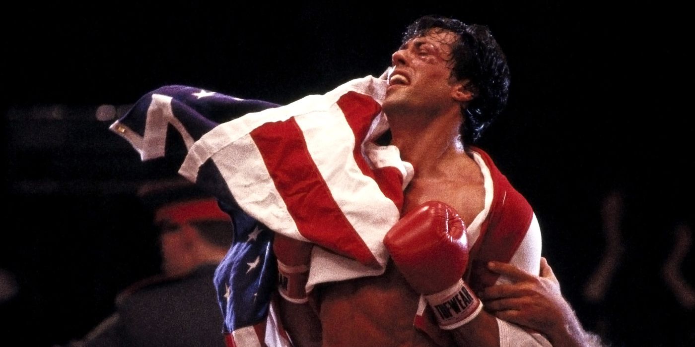 Rocky in the American flag in Rocky IV