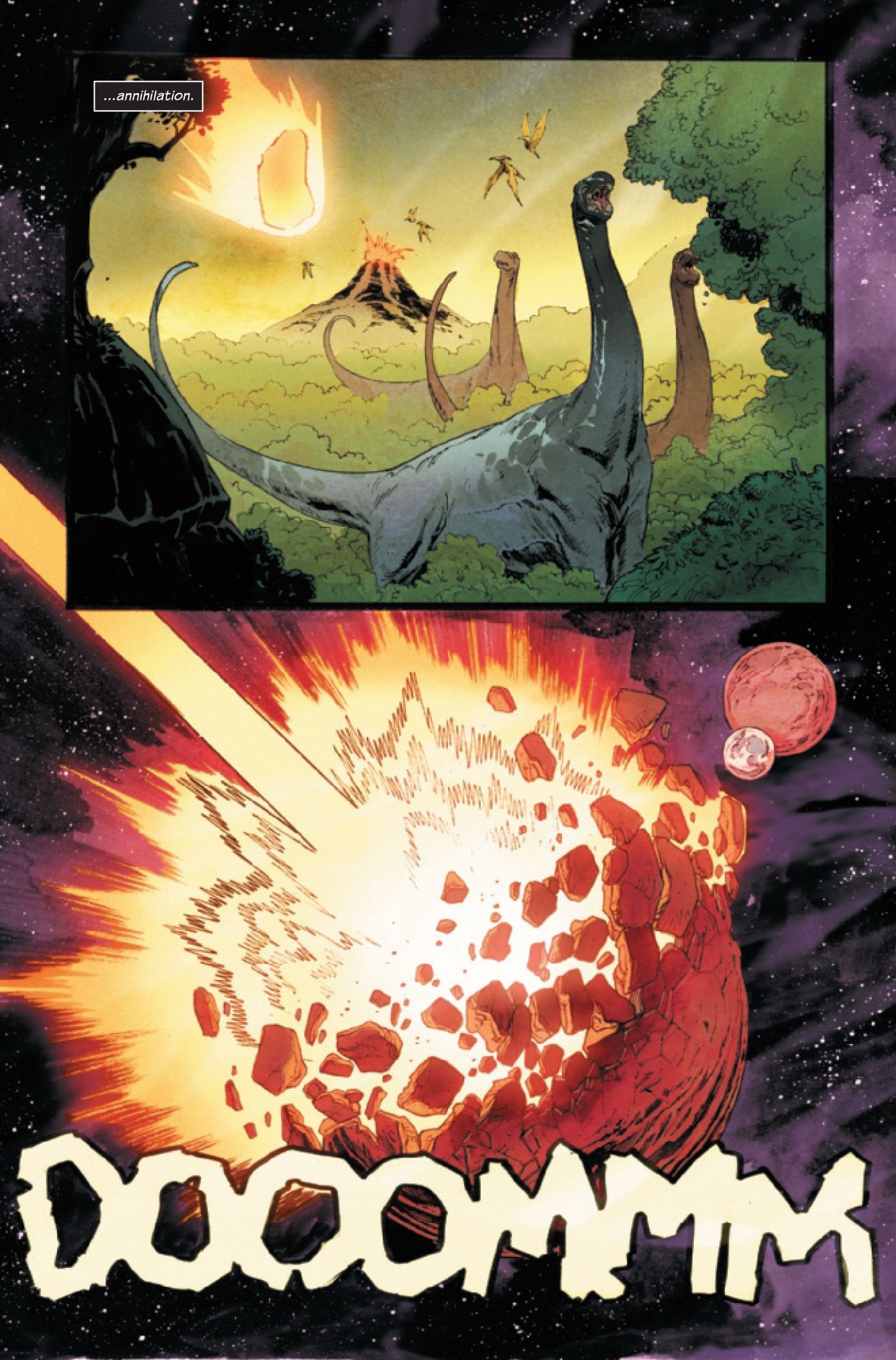 The meteor that killed the dinosaurs is shown destroying a planet.
