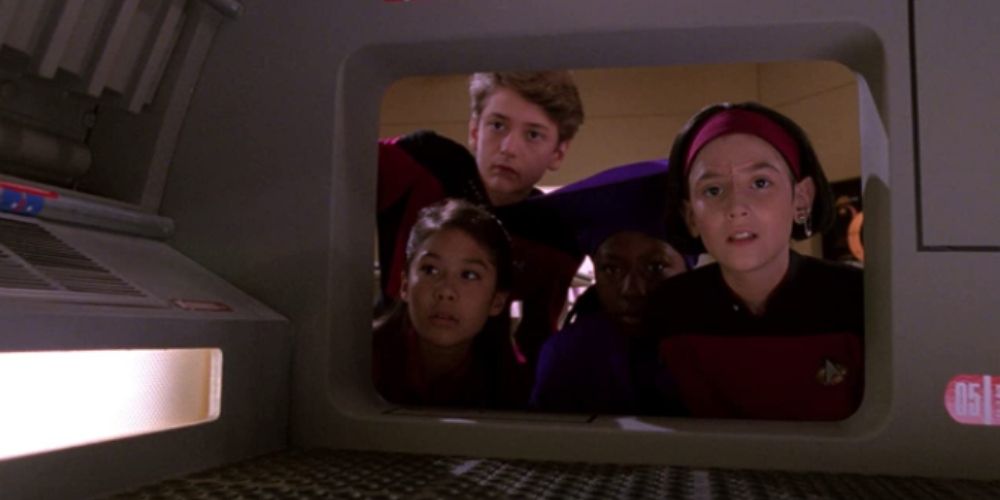 Screenshot of Ro, Guinan, Keiko and Picard as children from TNG Rascals