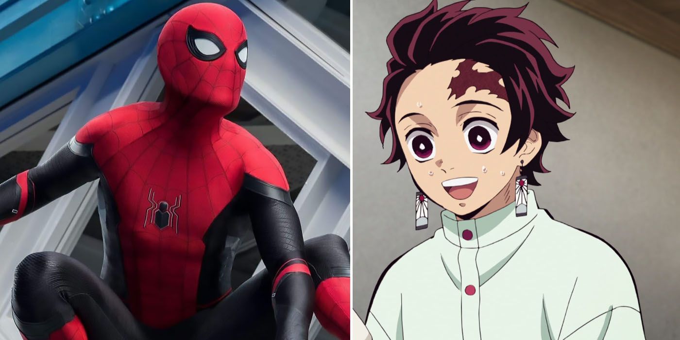 Spider-man looks up as Tanjiro smiles