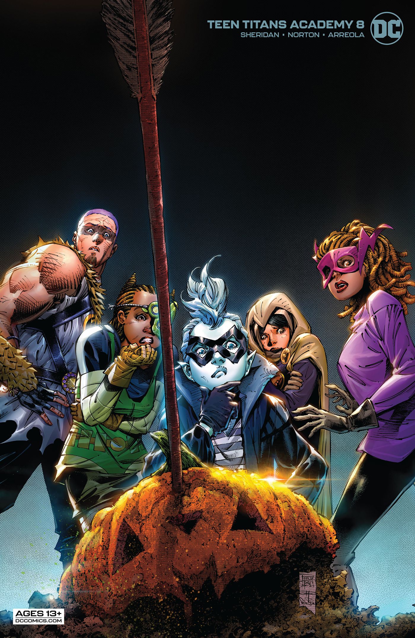 A variant cover for Teen Titans Academy #8 shows off the students' Halloween costumes.