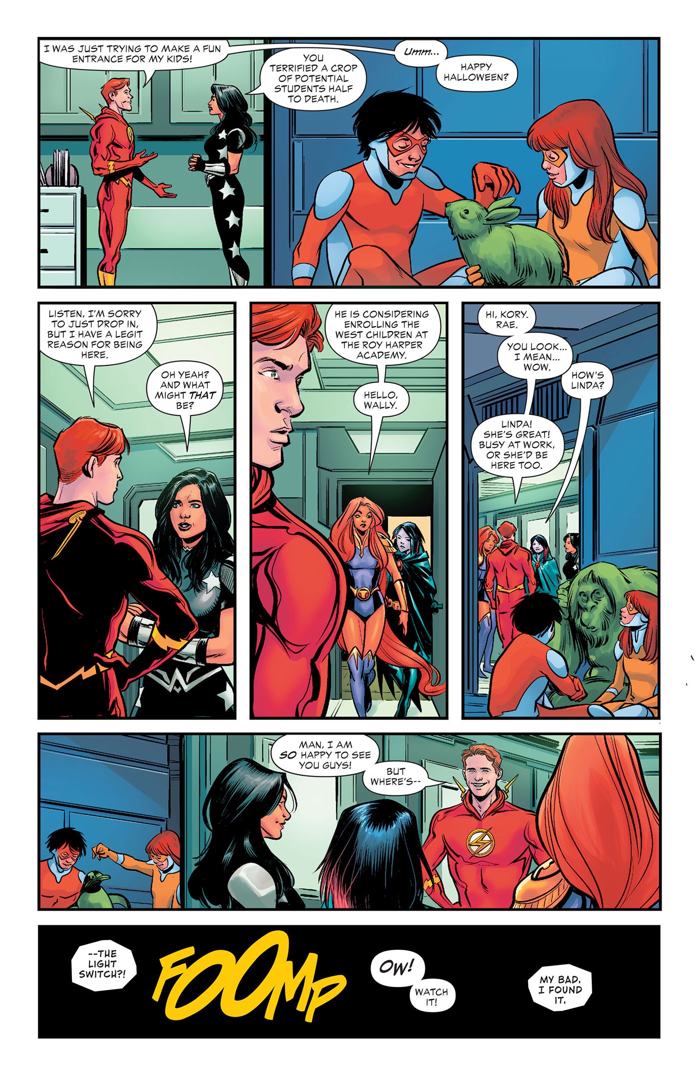 Wally talks to the academy's faculty while Jai and Irey play with Beast Boy.