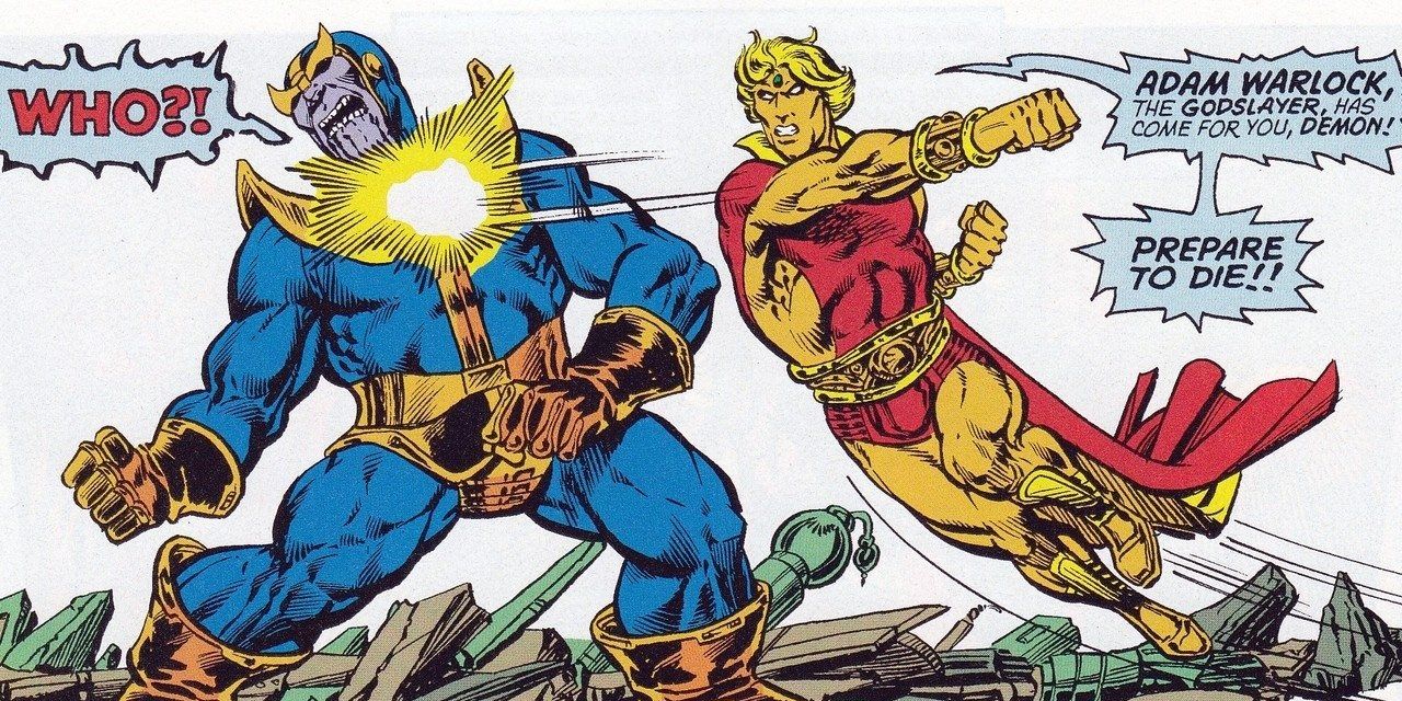 Adam Warlock punches Thanos in the Chest