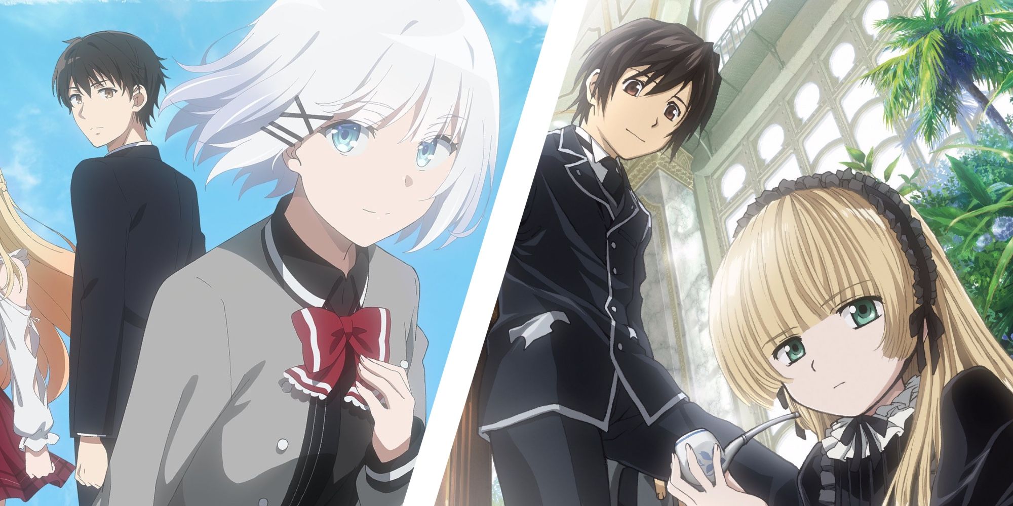 From left to right: Kimihiko Kimizuka and Siesta from The Detective Is Already Dead, and Kazuya Kujō and Victorique de Blois from Gosick.