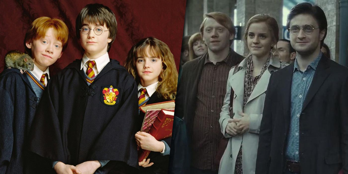 The Golden Trio from Harry Potter young and old split image
