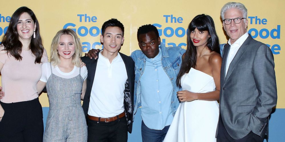 The cast of the Good Place, including Ted Dansen, Jameela Jamil, William Jackson Harper, Kristen Bell, Manny Jacinto, and D'Arcy Carden