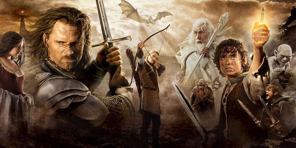 A theatrical poster for Lord of the Rings: The Return of the King featuring Aragorn, Frodo, and Gandalf