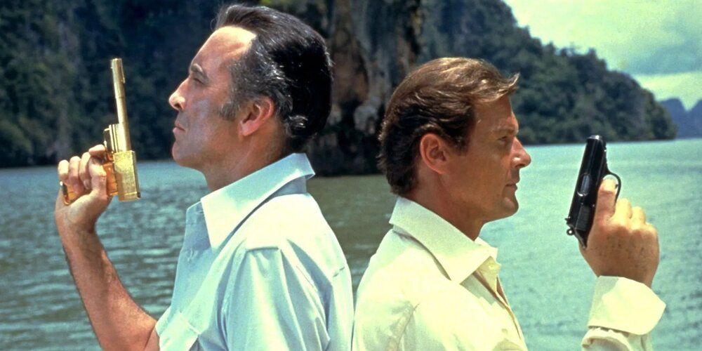 James Bond and Scaramanga engage in a traditional duel in The Man With the Golden Gun