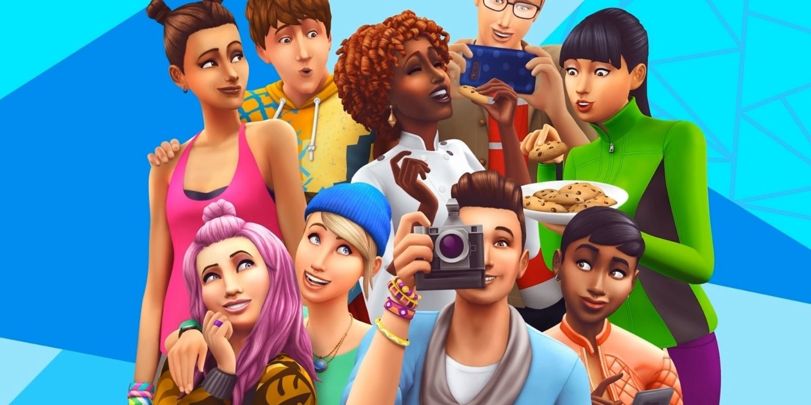 A collection of Sims taking pictures, eating cookies and laughing