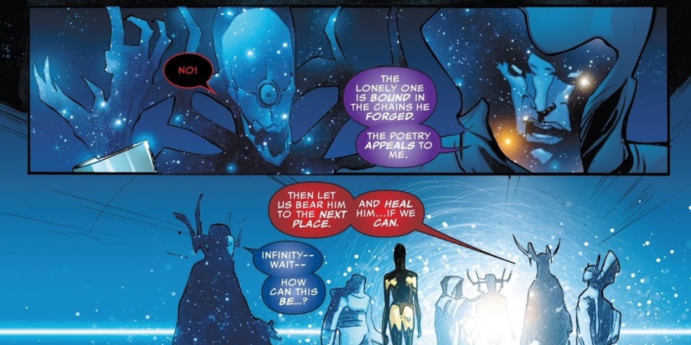 An image of The Ultimates Celestials having a heated discussion with each other in Marvel Comics
