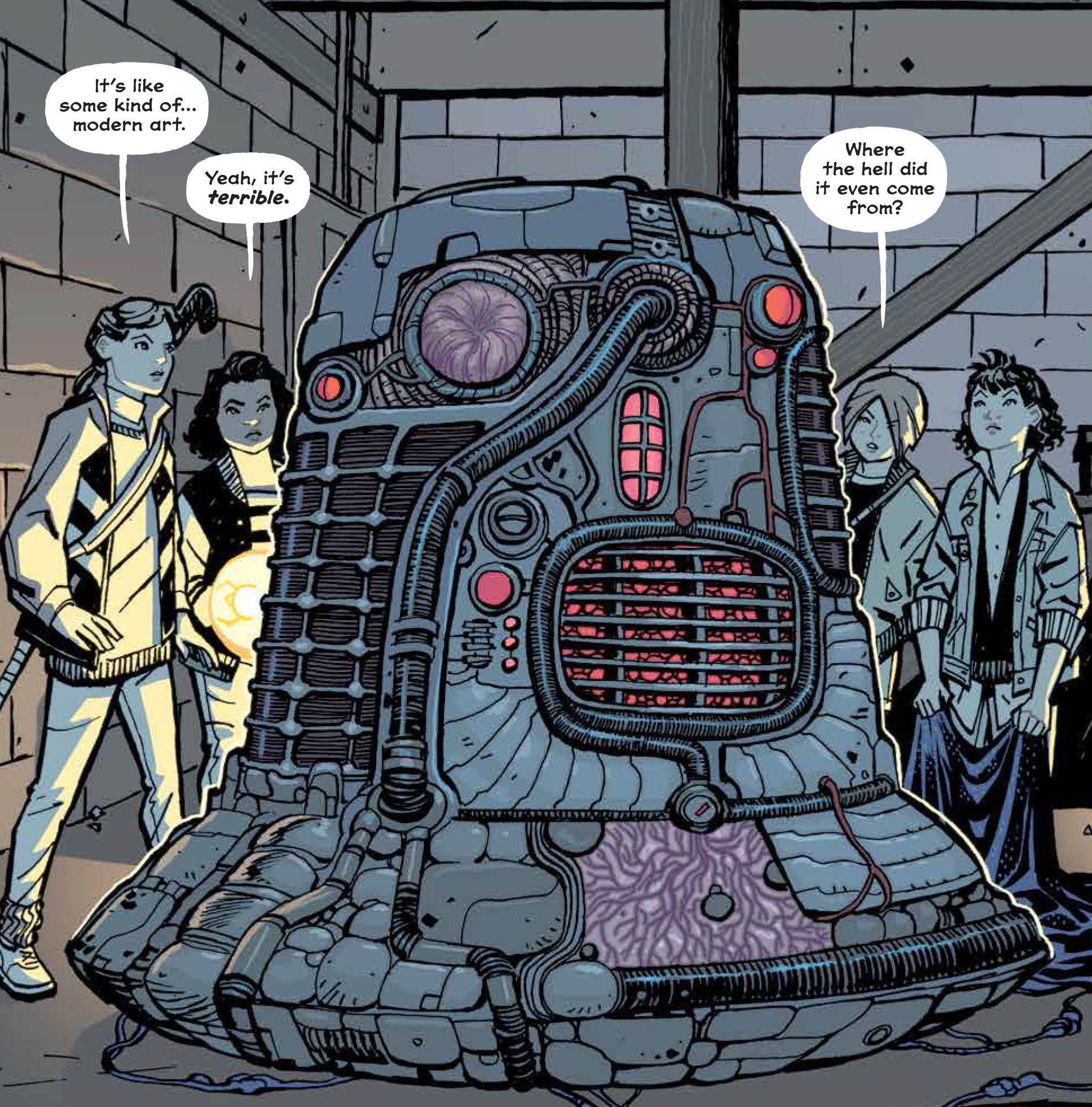 The Paper Girls discover a time machine in a basement