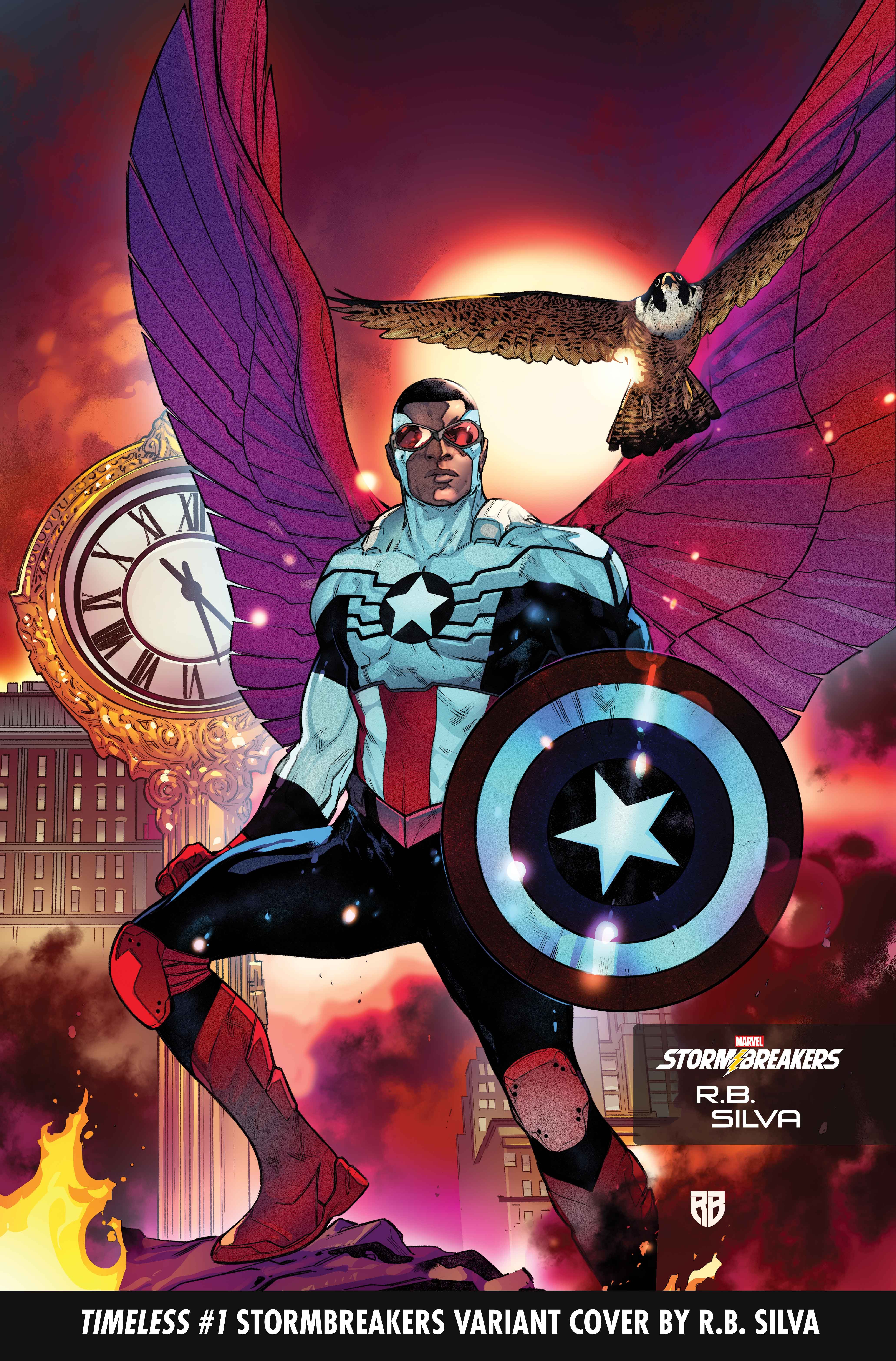 Sam Wilson as Captain America on the cover of Timeless 1 Stormbreakers variant by RB Silva