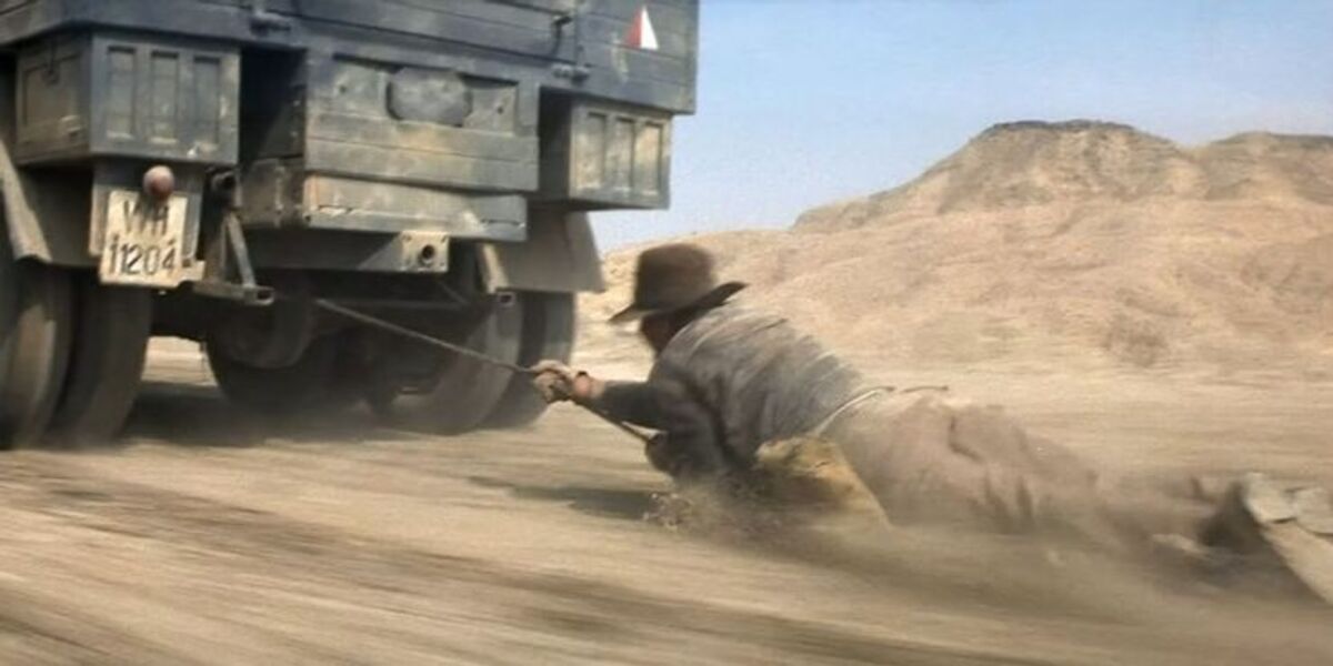 Indiana Jones dragged by a truck in famous Nazi chase scene
