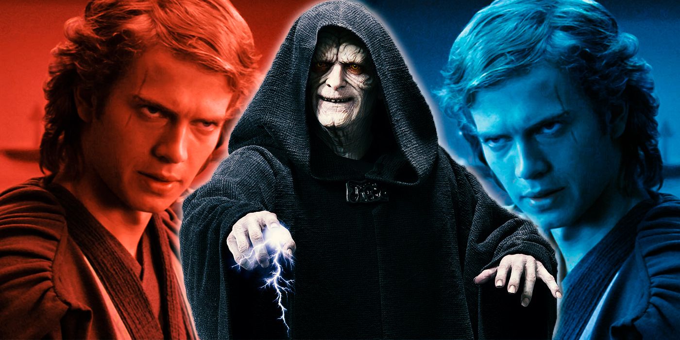 Two Anakin Skywalkers surrounding Emperor Palpatine shooting lightning from his fingers.