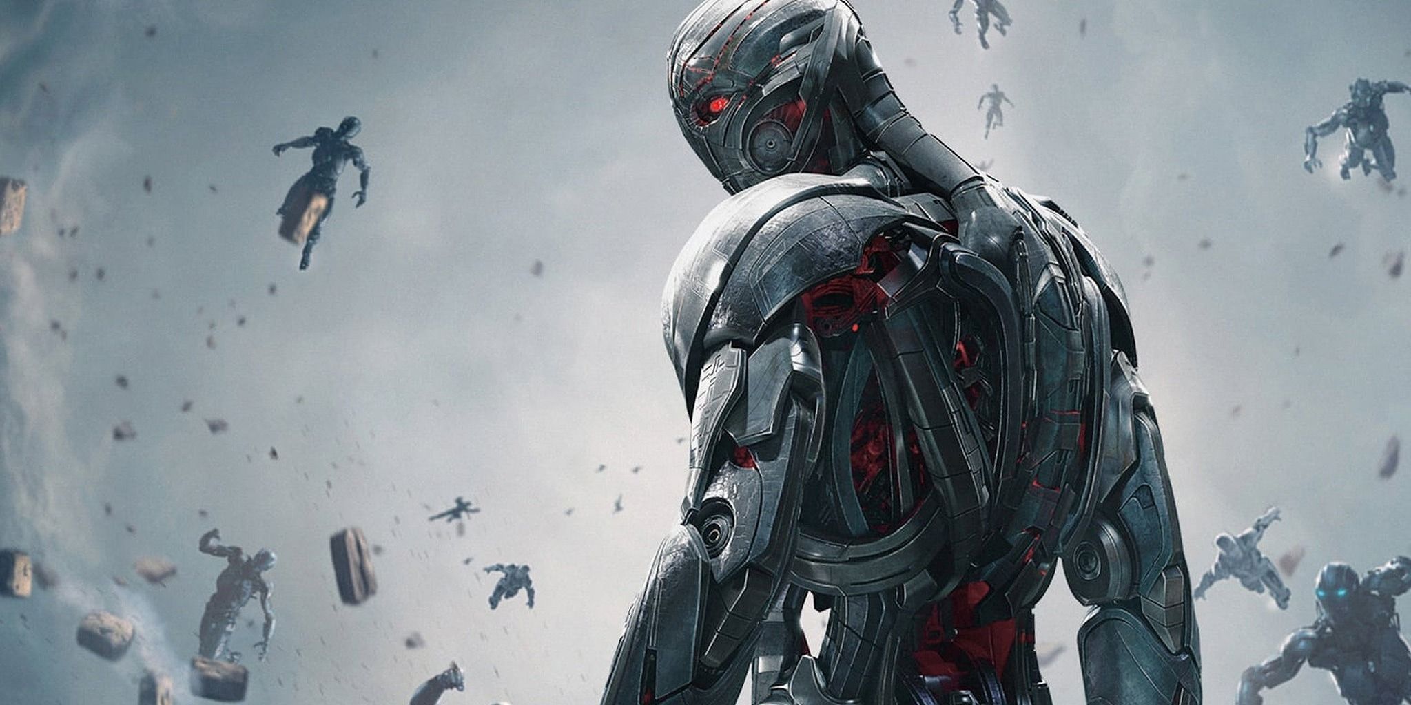 Ultron in the MCU looking over his shoulder with flying characters in the background