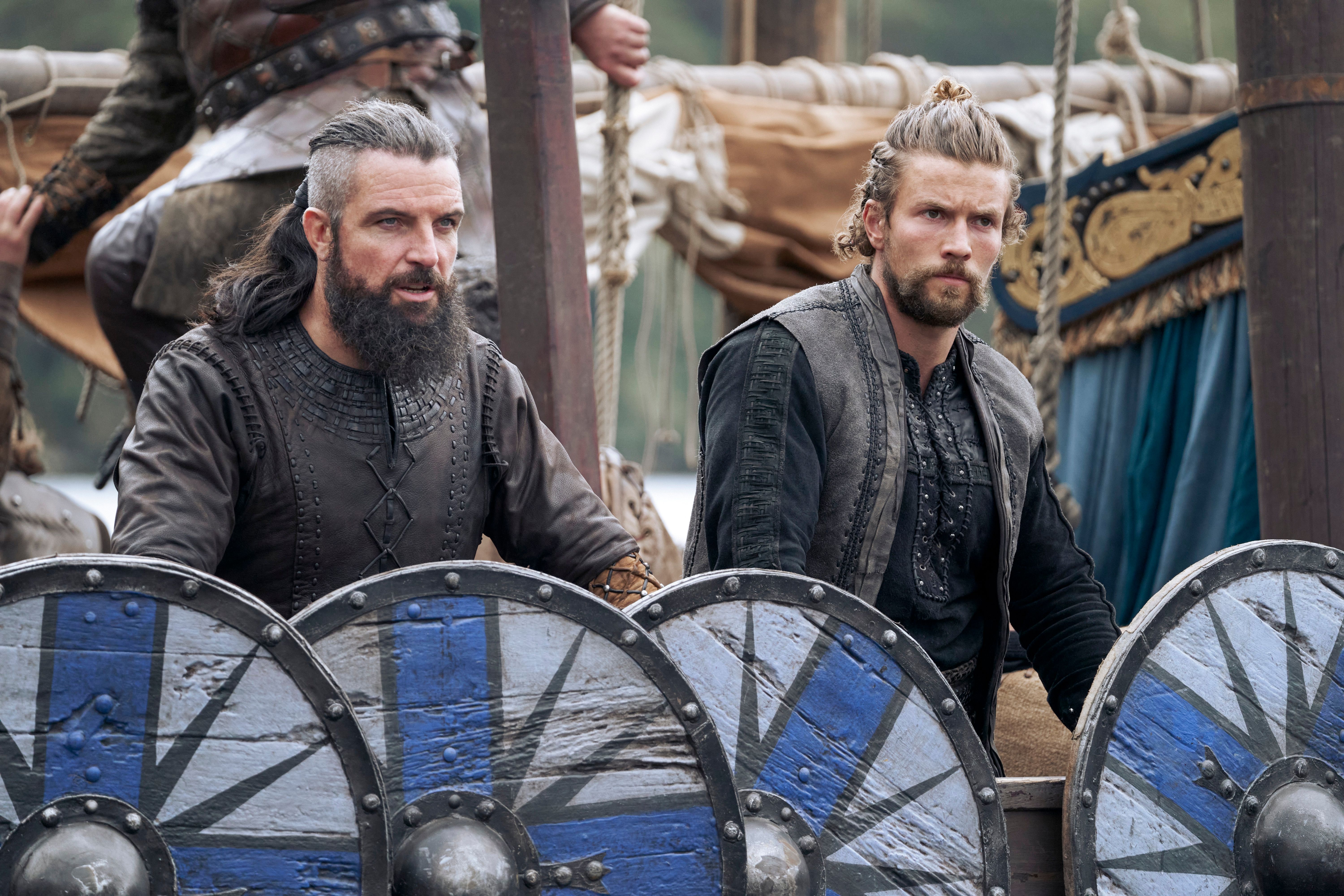 Still from Vikings: Valhalla. (L to R) Bradley Freegard as Canute, Leo Suter as Harald in episode 102 of Vikings: Valhalla. Cr. Bernard Walsh/Netflix © 2021