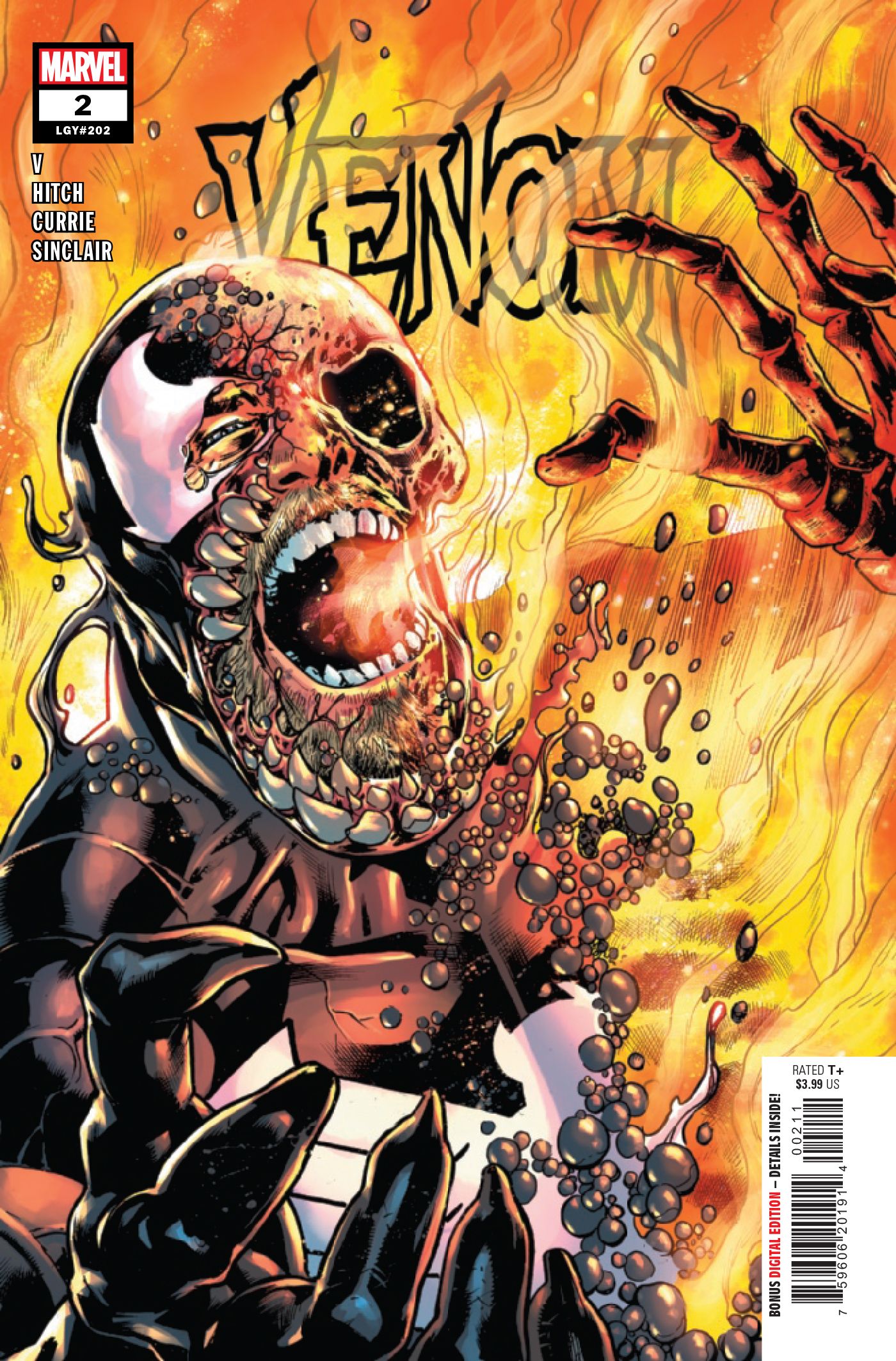 The cover to Venom #2 shows Eddie Brock and the symbiote burning in fire.