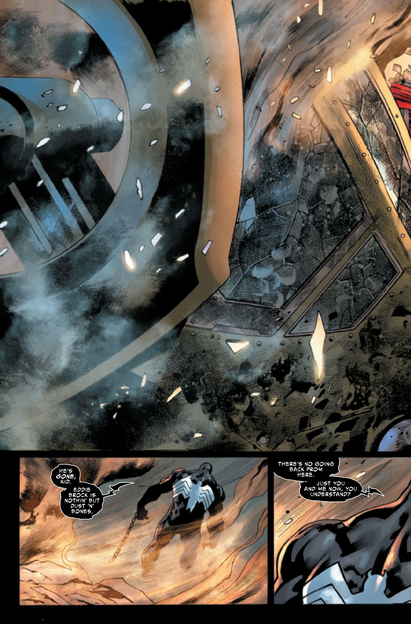 Venom walks away from the wreckage of the explosion.