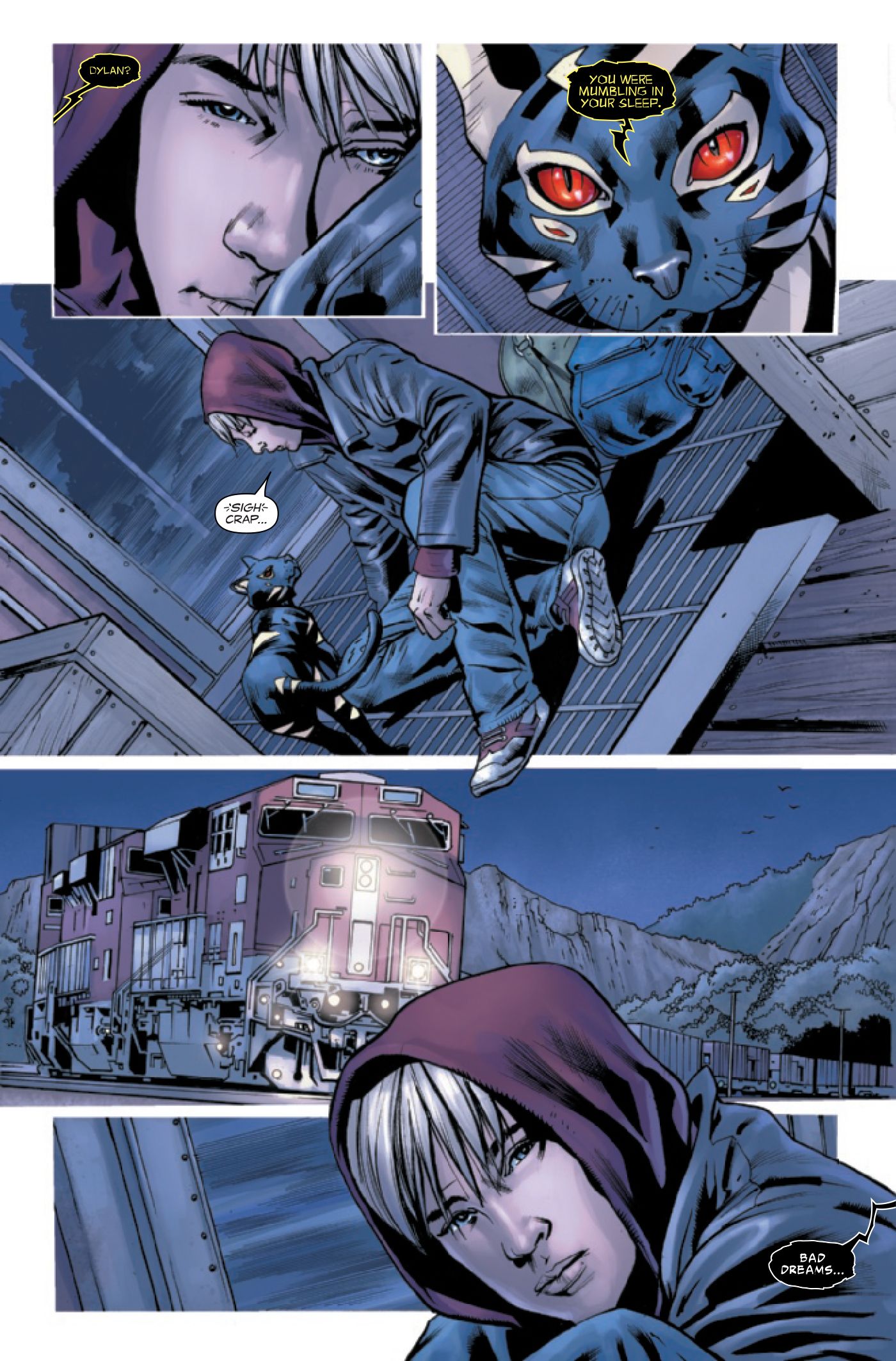 Sleeper wakes Dylan from his nightmares on a cargo train.