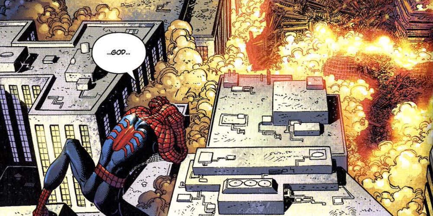 Spider-Man horrified by the bombing of the Twin Towers in Marvel Comics
