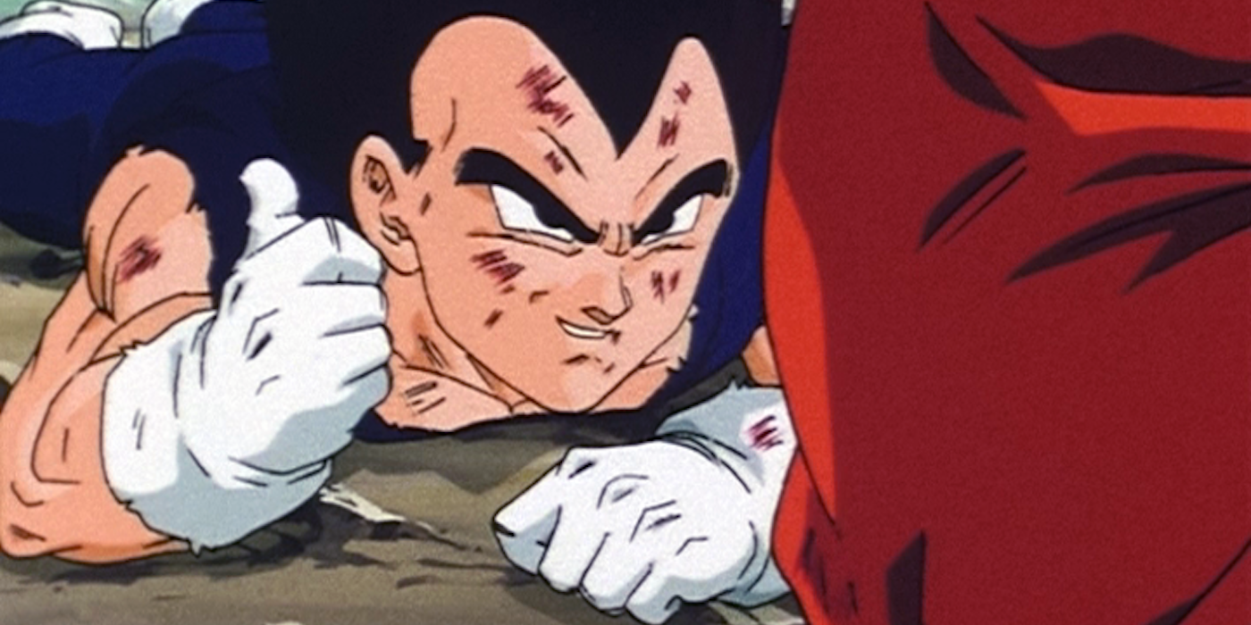 Vegeta gives Goku a thumbs up while beaten bloody in Dragon Ball Z
