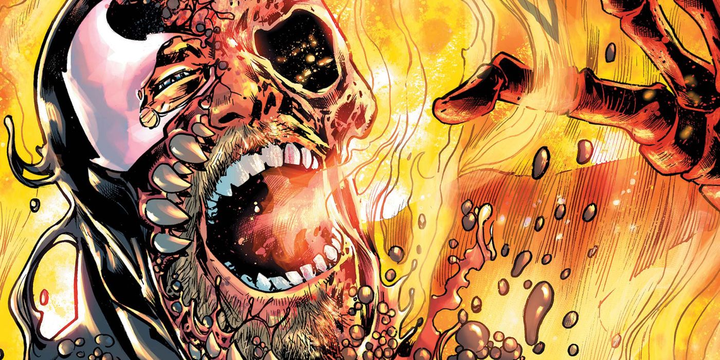 The cover to Venom #2 shows Eddie Brock and the symbiote burning in fire.