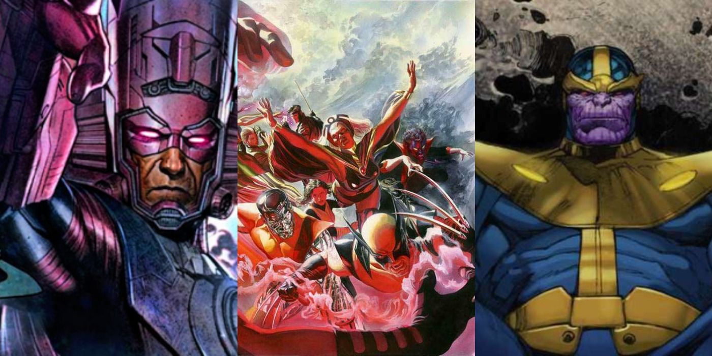 Galactus Reaching Out, the X-Men Attacking Magneto, and Thanos sitting on a throne Split Featured