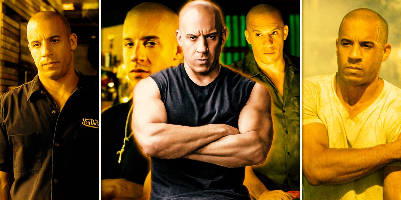 A collage of Vin Diesel as Dominic Toretto in the Fast and Furious franchise.