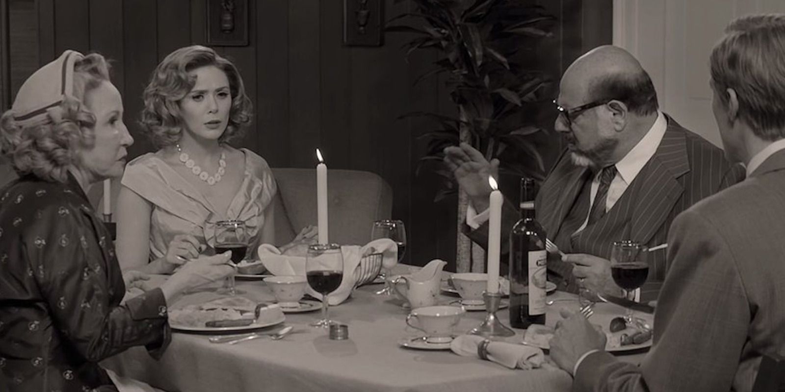 Mr. Hart and Mrs Hart confront Wanda and Vision during dinner Wandavision