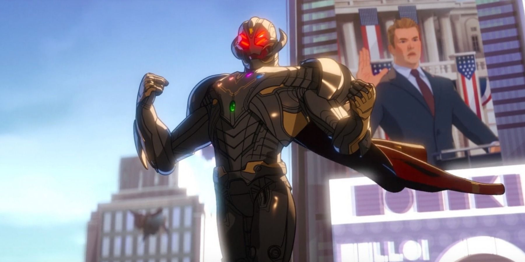 Ultron stands in front of a broadcast of President Rogers in What If...? episode 8