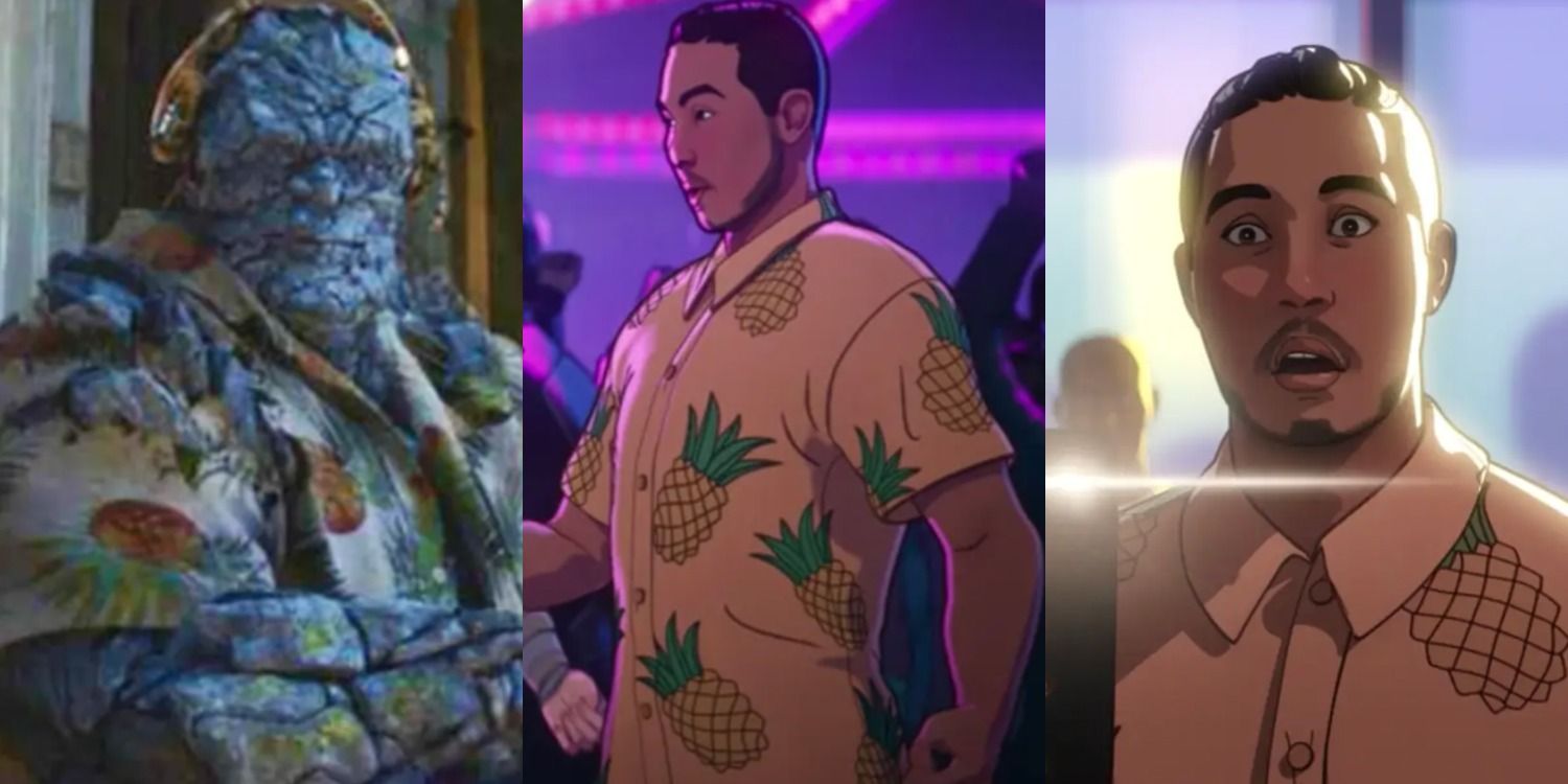 Korg wears a pineapple print shirt in Avengers: Endgame and a partygoer wears the same shirt in What If...? episodes 7 and 9