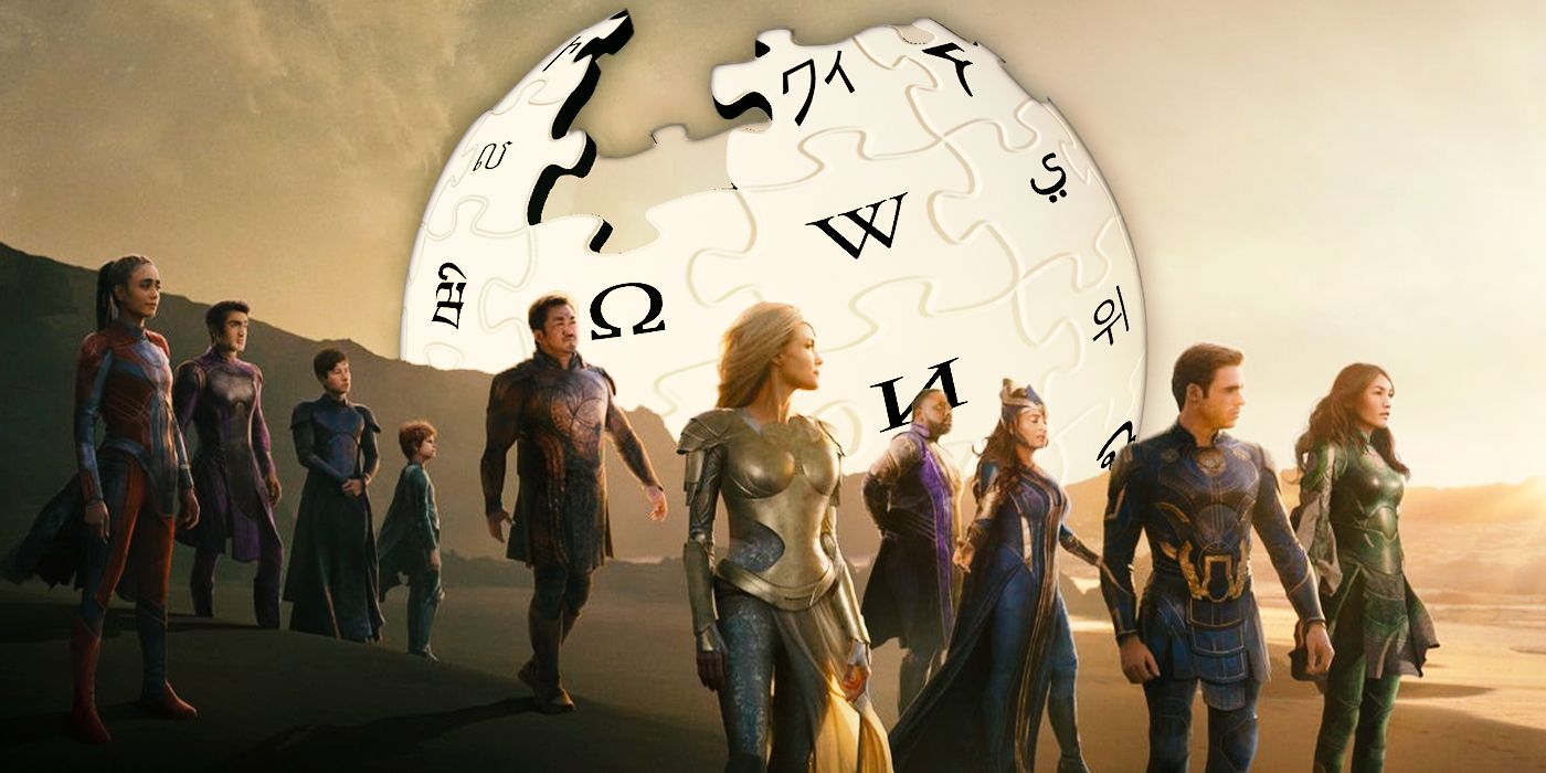 The cast of Eternals with the Wikipedia logo in the background