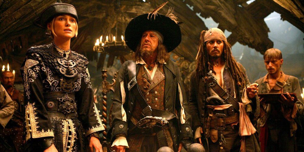 The pirate lords gathet to collect the Pieces of Eight in Pirates of the Caribbean At World's End