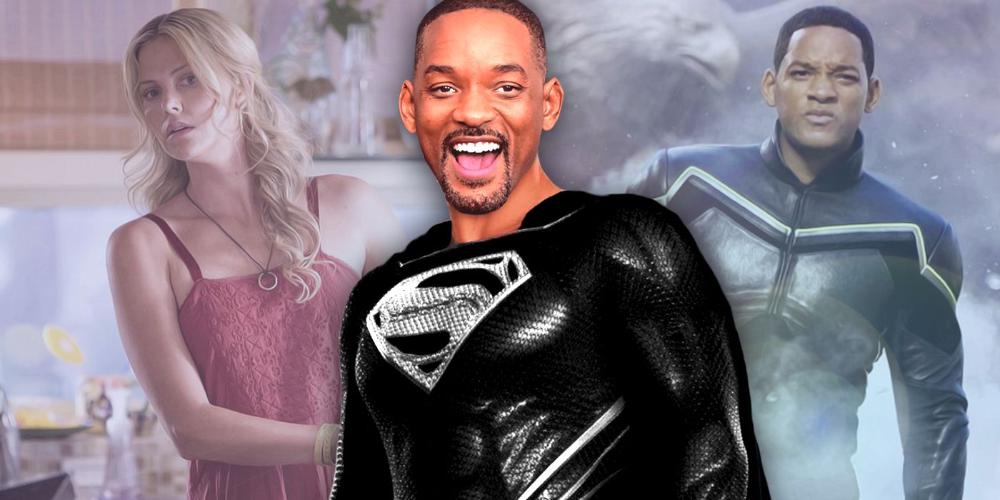 Will Smith as Black Suit Superman with Charlize Theron and Hacock behind Him