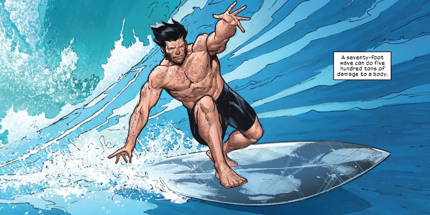 Wolverine surfing on an adamantium surfboard