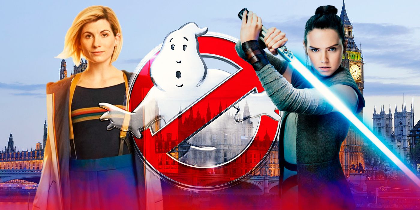Jodi Whittaker's Doctor and Rey from Star Wars alongside the Ghostbuster logo