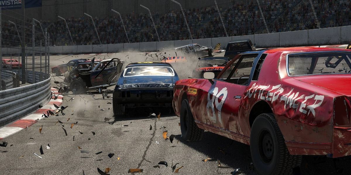Pileup of cars on a race track in Wreckfest